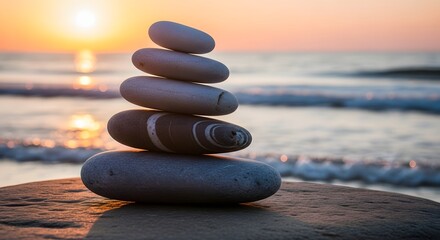 Zen stone stack at sunset on beach