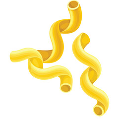 Three golden yellow fusilli pasta twists with a spiral shape on a clean white transparent...