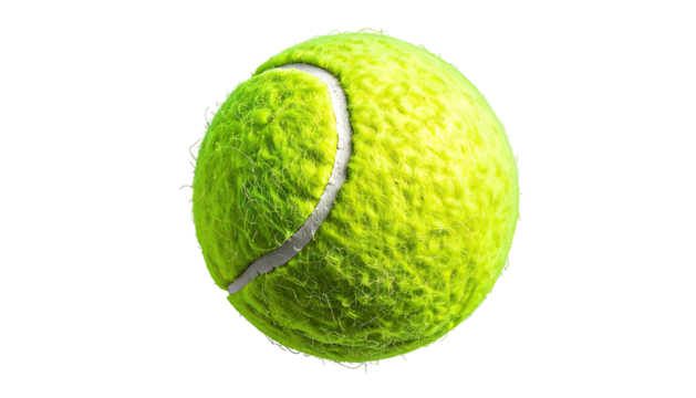 Vibrant yellow tennis ball with white curve on a black background