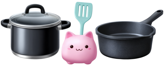 Cute kitchen scene featuring a pink cat-shaped utensil holder with pots and spatula