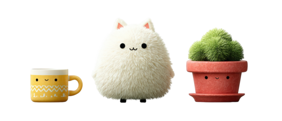 Cute fluffy cat plush toy beside a cheerful mug and a smiling potted plant on a clean surface