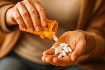 Close-up of Hands Pouring White Capsules from Prescription Bottle
