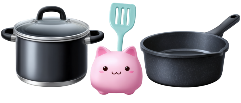 Cute kitchen scene featuring a pink cat-shaped utensil holder with pots and spatula - Powered by Adobe