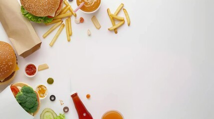 Delicious Fast Food Spread with Burgers, Fries, Sauces, and Fresh Vegetables on a White Surface Perfect for Culinary and Nutrition Themes