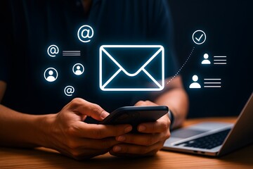 Digital Communication Concept with Glowing Email Icons and Smartphone in Hand – Modern Business Technology Background