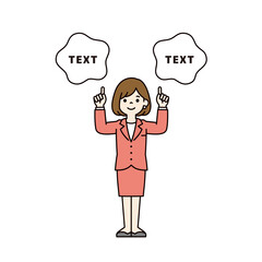 指をさして解説する、スーツを着た若い女性社員のシンプルな全身ベクターイラスト素材＿カラー