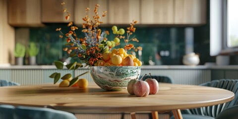 Marble Table Wood Base Green Tiles Blue Chairs Kitchen