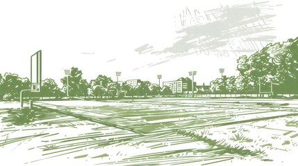 Detailed illustration of an empty sports field with goalposts, trees, and city buildings in the background, ideal for sports-related themes and designs