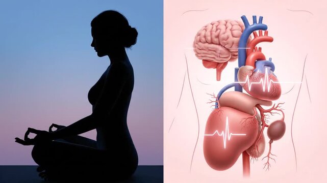 Silhouette Woman in Lotus Pose with Brain and Heart Anatomy Illustration on Pink Backdrop for Cardiovascular Health and