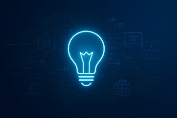 Futuristic glowing light bulb innovation concept with digital network technology background in blue tone
