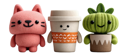 Cute plush characters including a cat, coffee cup, and cactus in a vibrant setting with playful details