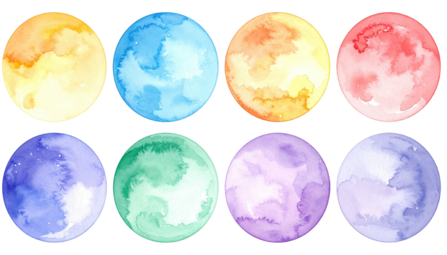 Watercolor circles in eight different soft, pastel shades