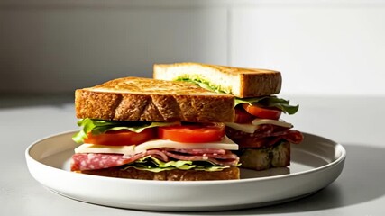 Stacked sandwich with lettuce tomato cheese and salami on a white plate against a minimalist background - Powered by Adobe