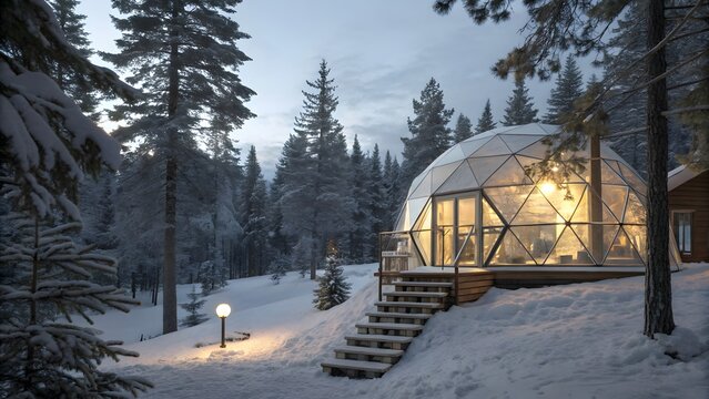 Glass igloo in a snowy forest at twilight, illuminated with warm light, offering a unique and magical winter accommodation experience under the stars