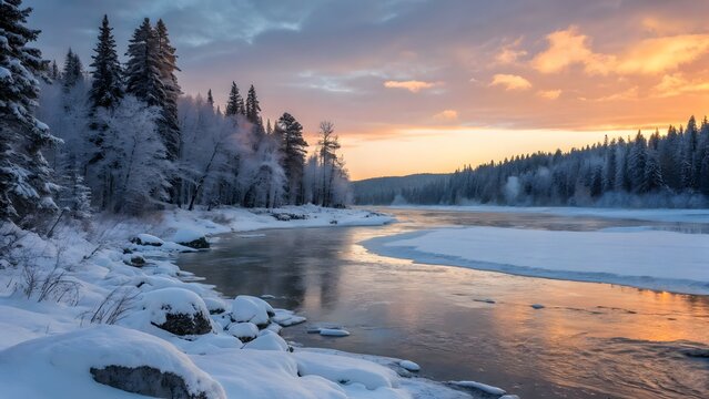 Scenic winter landscape with a partially frozen river reflecting the colorful sunset sky, surrounded by snowcovered trees in a serene setting - Powered by Adobe