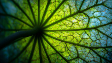 Close-up of a green leaf showing intricate veins and textures. Light filters through, creating a vibrant pattern of green and blue hues.