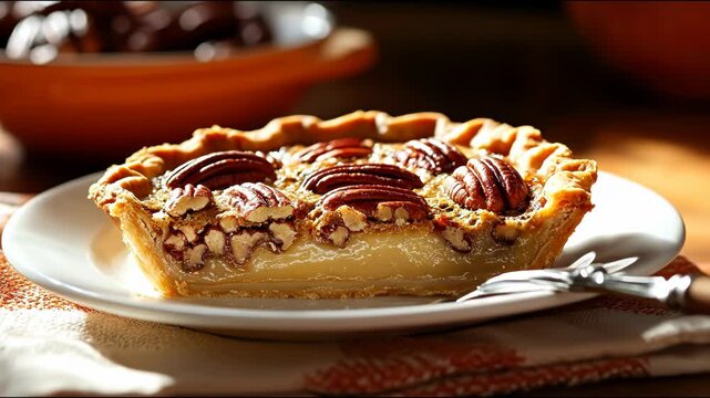 A close-up showcases a slice of pecan pie on a white plate. Crust is golden brown and flaky; pecans are glossy. Warm lighting