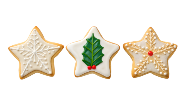 Colorful star shaped cookies are decorated with festive designs for the holidays