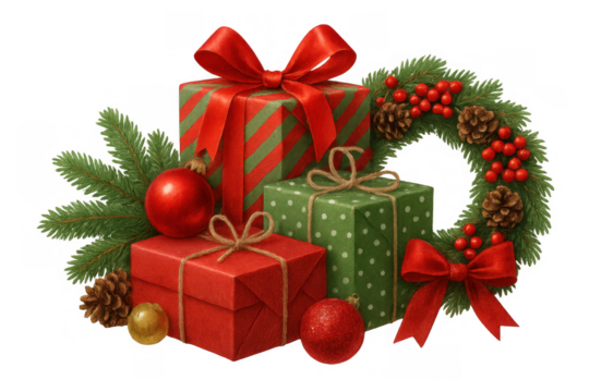 Christmas gifts and wreath decorating festive celebration, creating holiday atmosphere with ornaments and pine cones