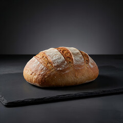 Artisan sourdough loaf with floured crust on dark slate