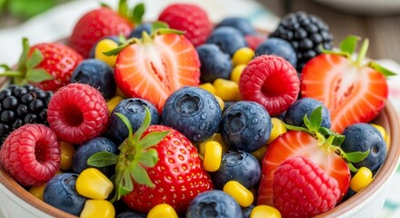 Obraz premium Assorted Berry and Corn Delight - A vibrant bowl of mixed berries and sweet corn, symbolizing abundance, summer, freshness, health, and simple joy
