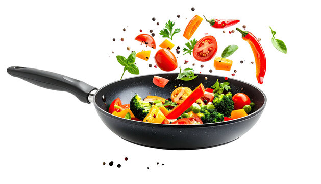 Vegetables fly above a frying pan on a transparent background