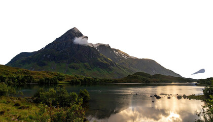 Mountain rises over serene lake reflecting sky and land