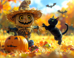 Whimsical Halloween Scene Scarecrow, Black Cat, and Pumpkin in Autumnal Delight