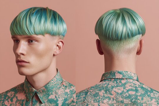 Front and back view of man with turquoise green bowl cut hairstyle with undercut on peach background
