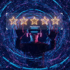 Virtual reality user experiences five star rating with digital background