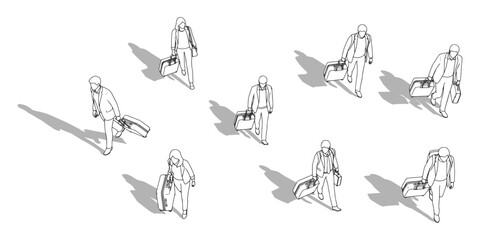Fototapeta premium CAD Drawings. Top view of airport passengers walking with suitcases isolated on white background. Vector illustration.
