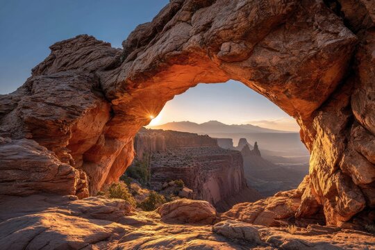 Arched rock frame overlooking a canyon at sunset, with warm sunlight and distant mountains