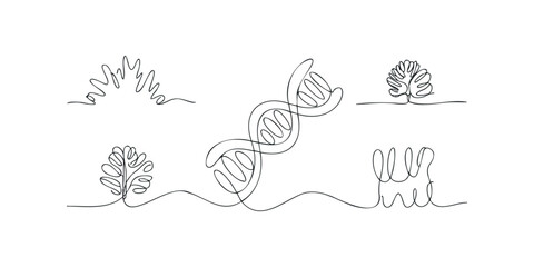 Abstract single line drawing of DNA helix and cellular structures