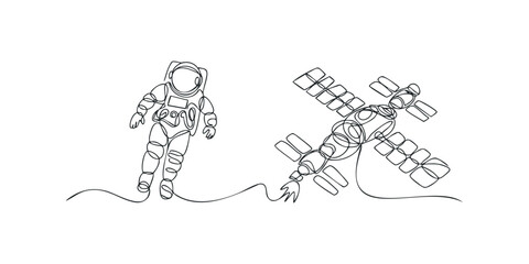 Fototapeta premium Astronaut floating near space station in continuous line drawing style