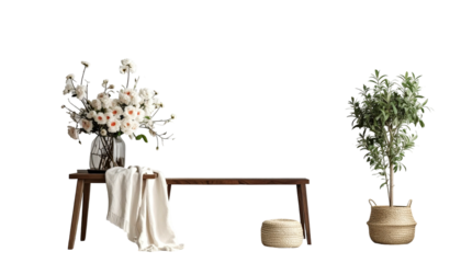 Bench, flowers, plant cozy decor against a black background