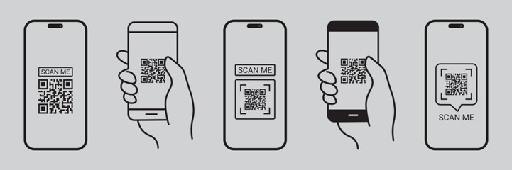 Digital Technology Icon Set – QR Codes, Barcode Scanners, Mobile & Tablet Devices, Vector UI Icons