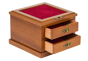 Isolated jewelry box with two open drawers, red velvet interior, antique lock clasp