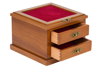 Isolated jewelry box with two open drawers, red velvet interior, antique lock clasp