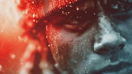 Fototapeta premium Close-up of an emotional athlete skyaking against urban backdrop at sunset, crying and smiling