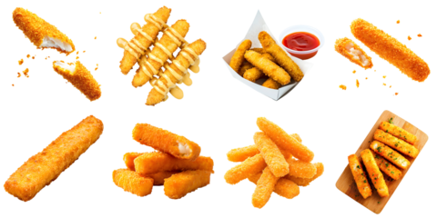 A large selection of juicy fish sticks, isolated on a transparent background PNG: with sauce, on a board, in packaging