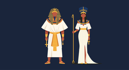 Obraz premium Ancient Egyptian pharaoh and queen illustration in traditional white clothing, adorned with golden accessories and iconic headdresses.