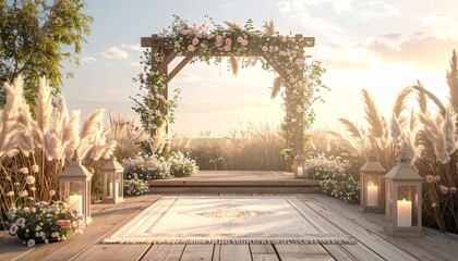 Romantic outdoor wedding arch with soft floral arrangements, pampas grass, and lanterns — a dreamy setting bathed in warm sunlight for an intimate celebration