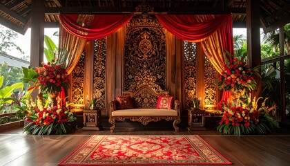 Elegant traditional wedding stage with rich red and gold decorations, wooden details, and lush floral arrangements — a perfect blend of culture, beauty, and celebration