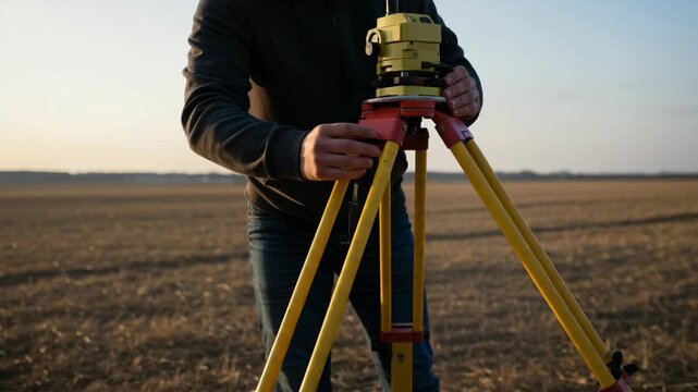Surveyor adjusting leveling instrument on tripod in open field  