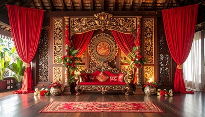 Elegant traditional wedding stage with rich red and gold decorations, wooden details, and lush floral arrangements — a perfect blend of culture, beauty, and celebration