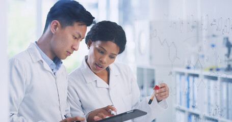 Research, tablet and glass wall with people in lab for blood sample, vaccine formula and enzyme...