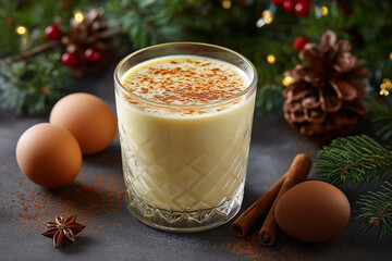 Eggnog, a sweet drink made from milk, cream, raw eggs and spices, enriched with an alcoholic beverage