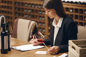 Female professional sommelier making notes on tablet sitting at the table and tasting red and white wine poured in glasses in cellar on wooden bottled shelf background.