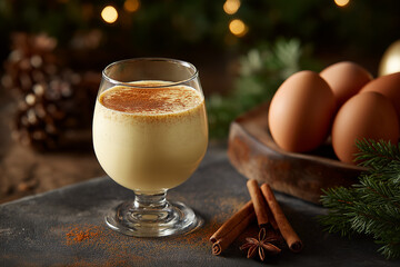 Eggnog, a sweet drink made from milk, cream, raw eggs and spices, enriched with an alcoholic beverage