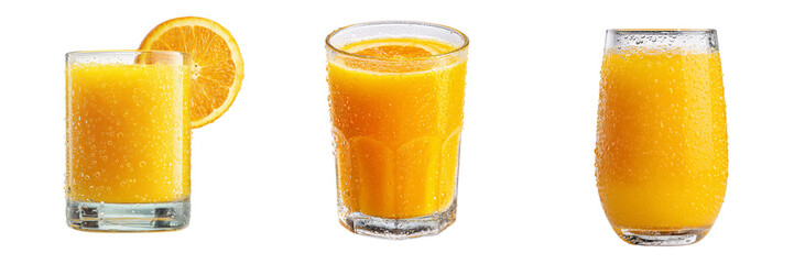 Three glasses of cold orange juice with condensation and orange slice isolated on a transparent background